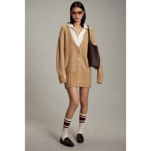 Anthropologie‎ NWT Metallic Wool Blend Layered Sweater Mini Dress Camel M